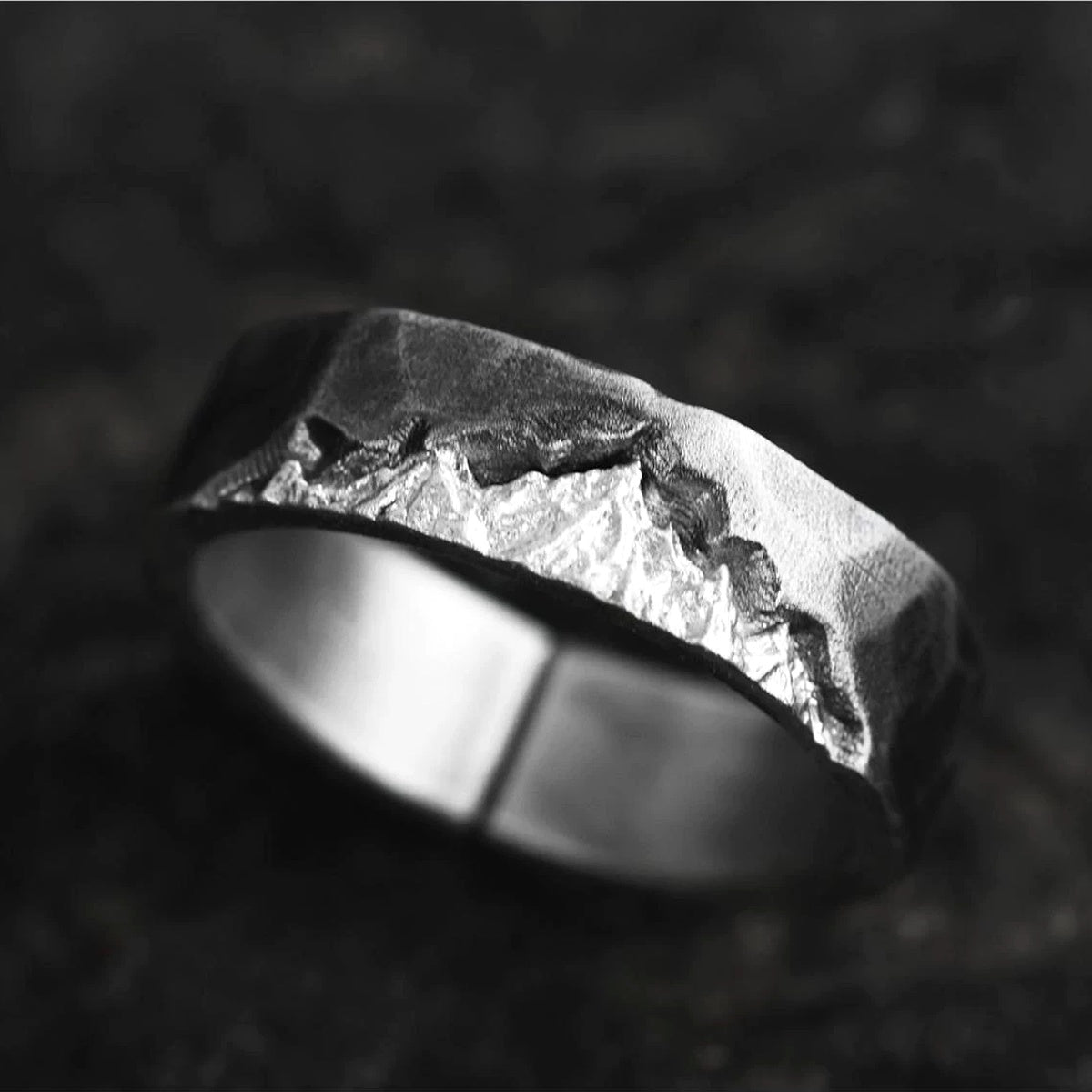 Alpine Ridge Hand-Carved 999 Fine Silver Ring - Macro Peak Relief