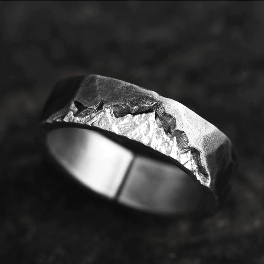 Alpine Ridge Hand-Carved 999 Fine Silver Ring - Macro Peak Relief