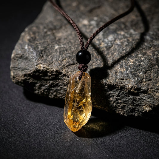 Raw amber citrine crystal pendant necklace on dark basalt stone — Dorje Studio