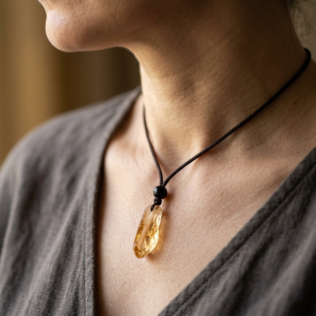 Uncut natural amber citrine quartz pendant worn on collarbone — Dorje Studio