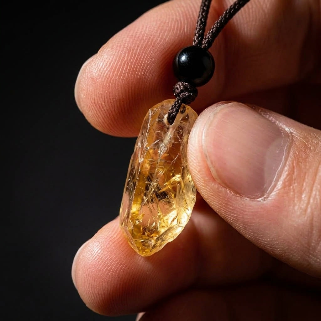 Fingers holding raw citrine crystal showing approx 20mm scale — Dorje Studio