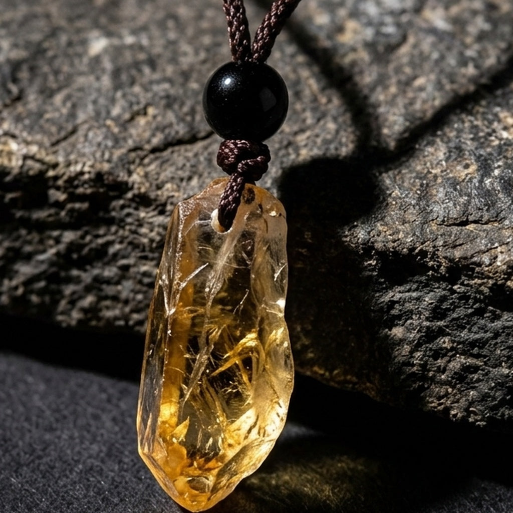 Extreme macro detail of rough citrine crystal facets and single black agate bead — Dorje Studio