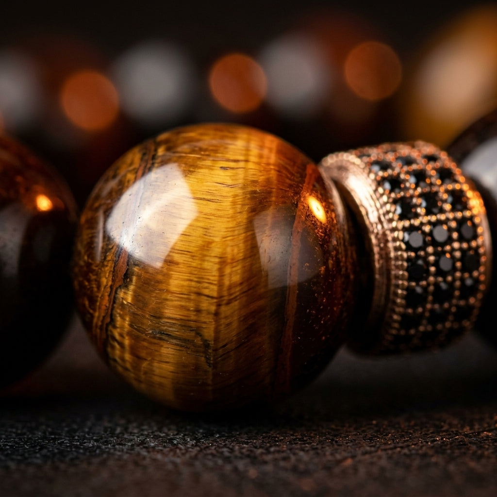 Obsidian & Tiger Eye Bracelet - tiger eye macro detail