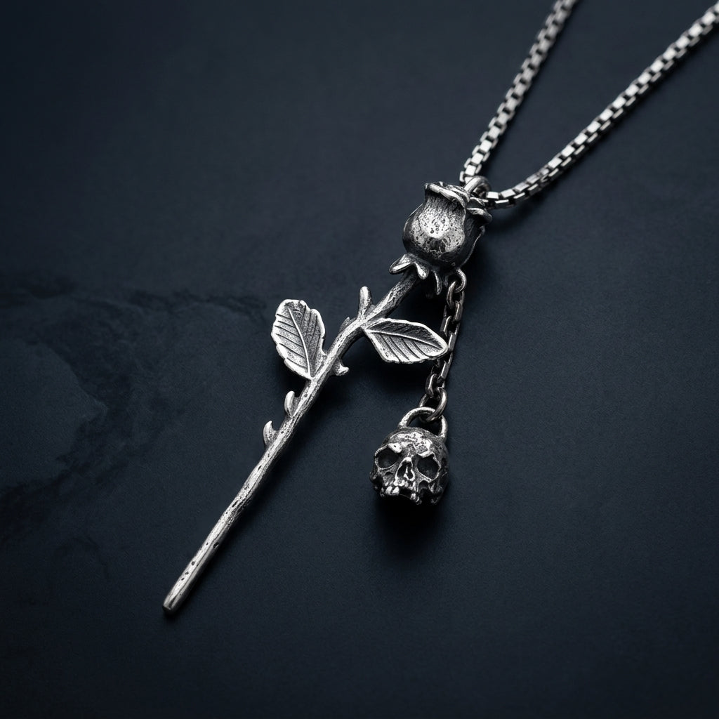 925 Silver Gothic Rose & Skull Necklace - hero on slate