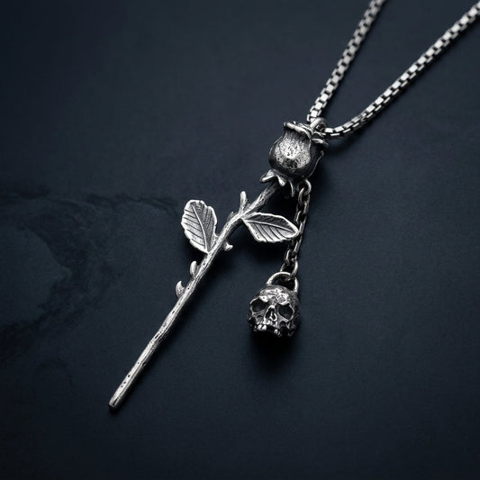 925 Silver Gothic Rose & Skull Necklace - hero on slate