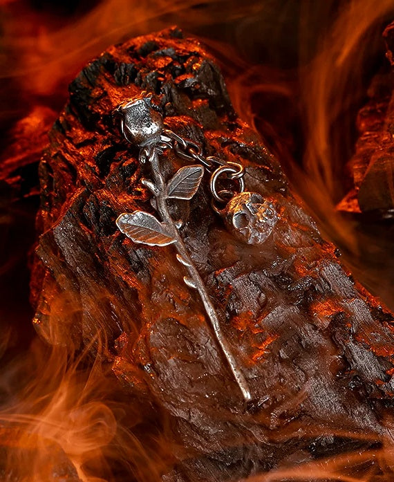 925 Silver Gothic Rose & Skull Necklace - charred rose lifestyle