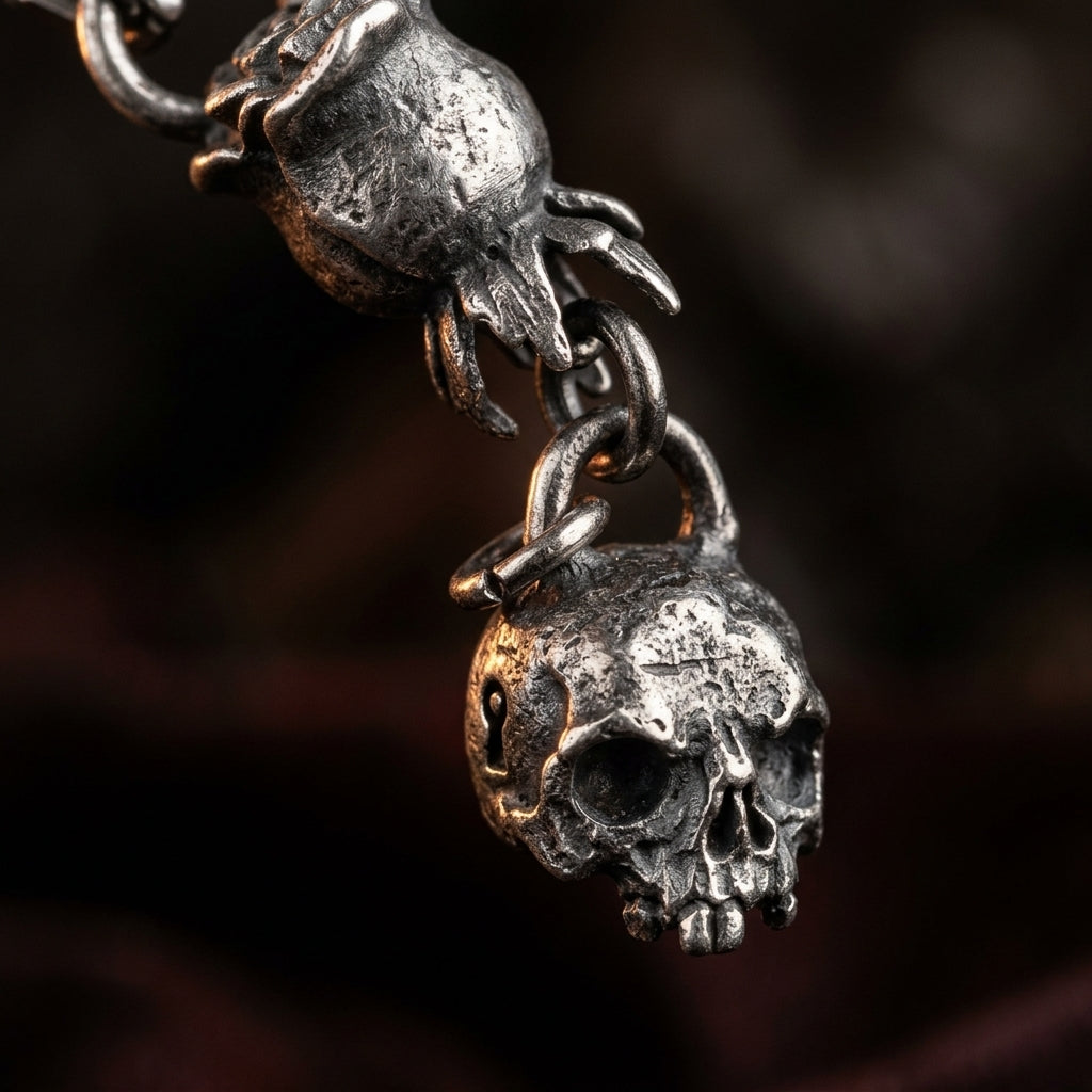 925 Silver Gothic Rose & Skull Necklace - skull macro detail