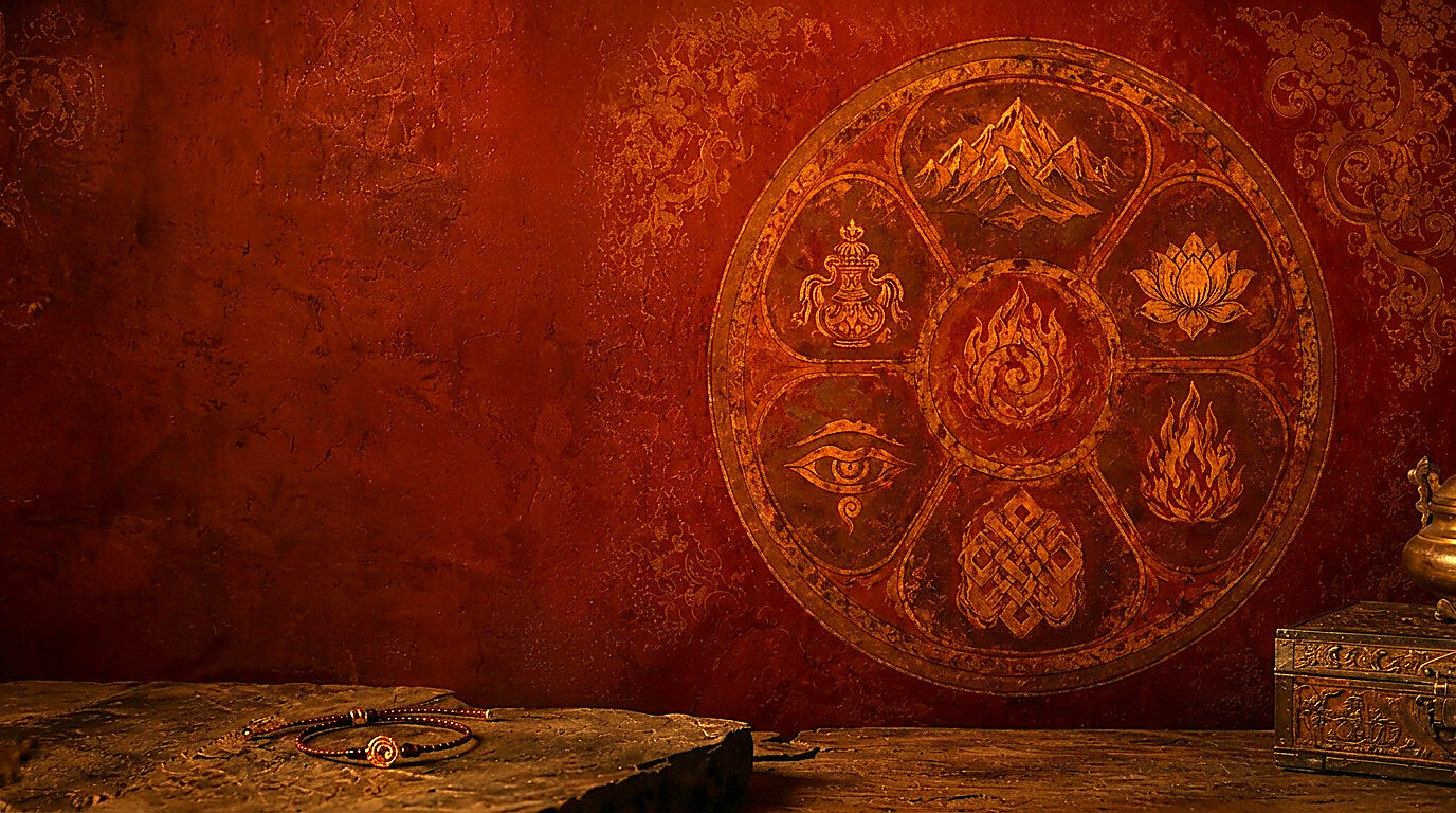 Sacred Himalayan totems arranged as a mandala on dark ground