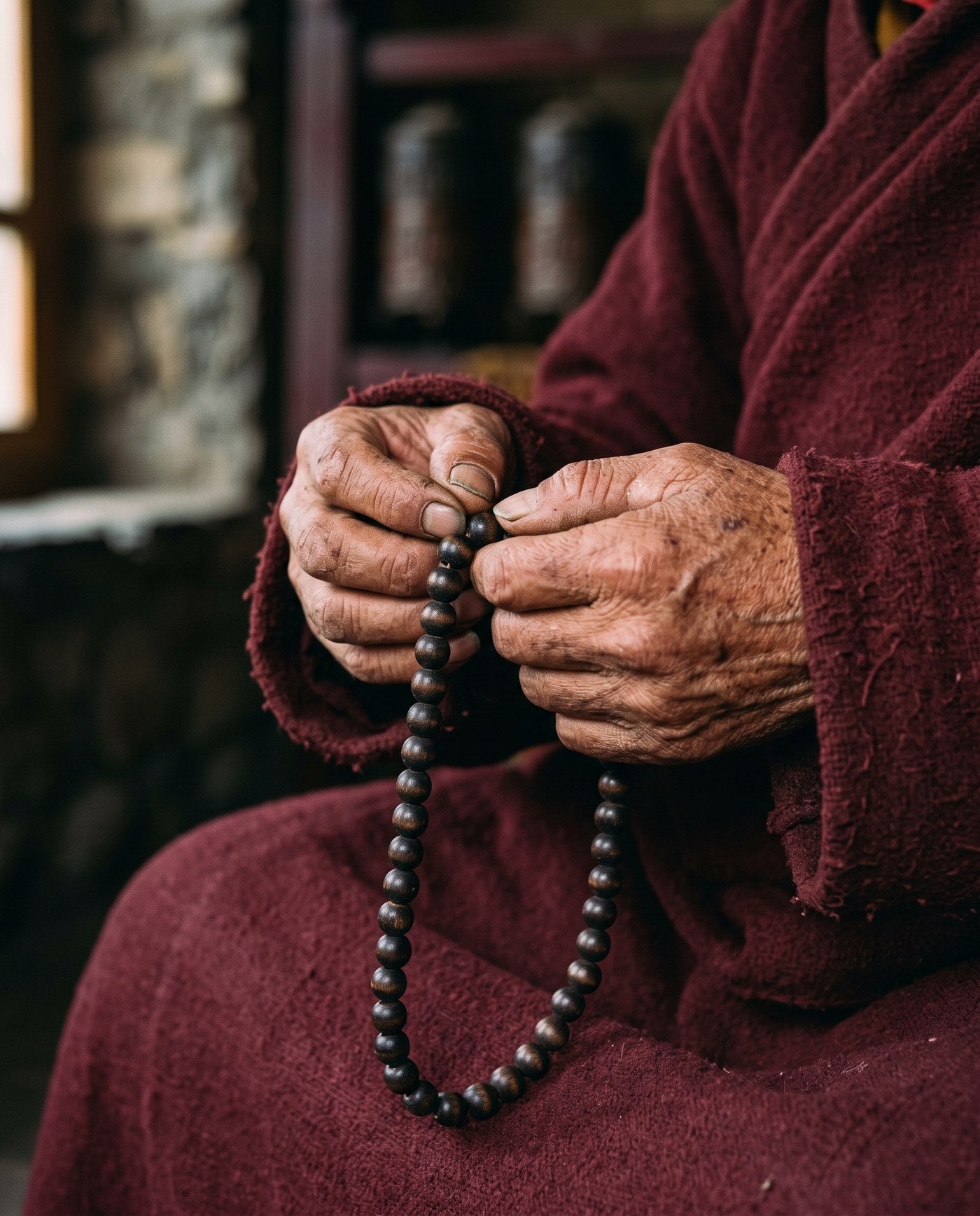 Weathered hands counting dark mala beads
