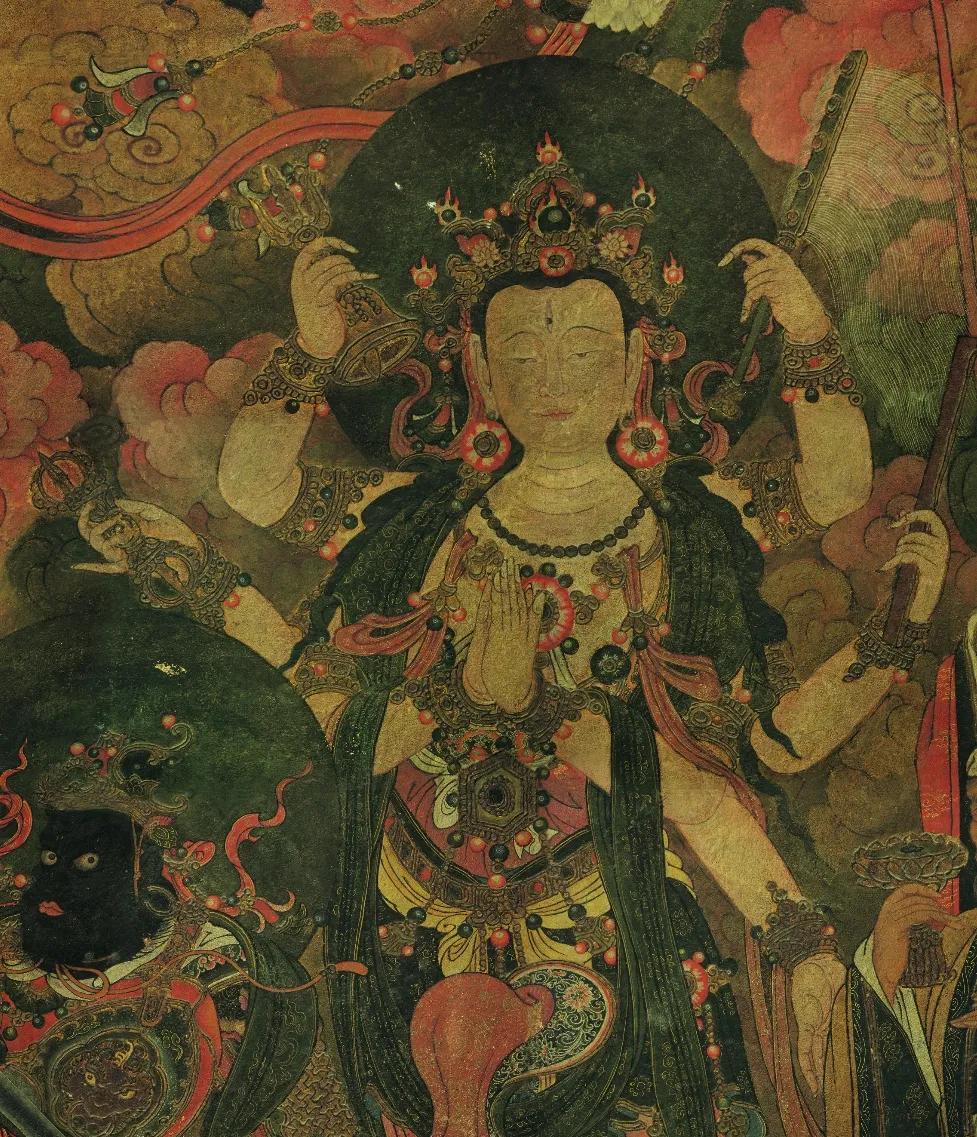 Multi-armed celestial figure with dark green halo amid coral clouds — classical Eastern mural detail
