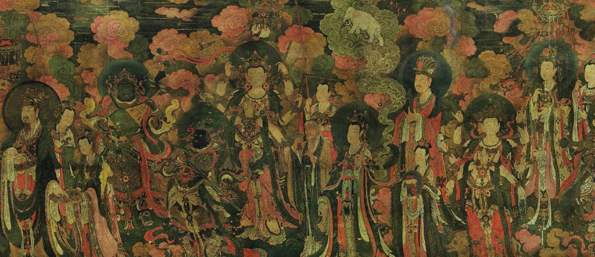 Eastern mural procession — celestial beings amid painted clouds, classical mineral-pigment wall painting